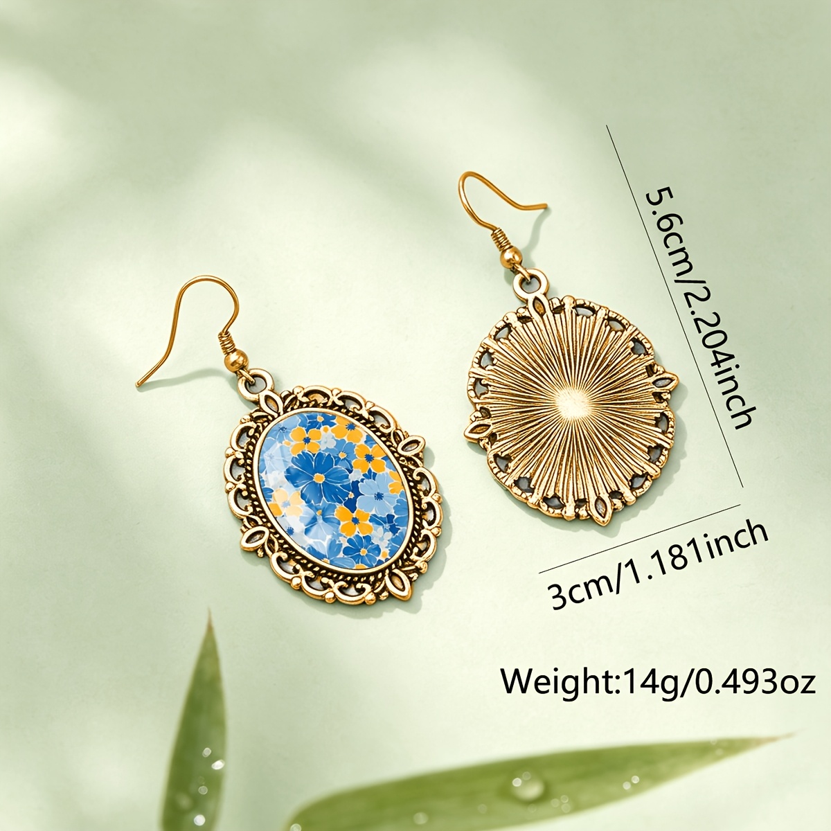 Blue Yellow Daisy Pattern Oval Earrings, Unisex Gift